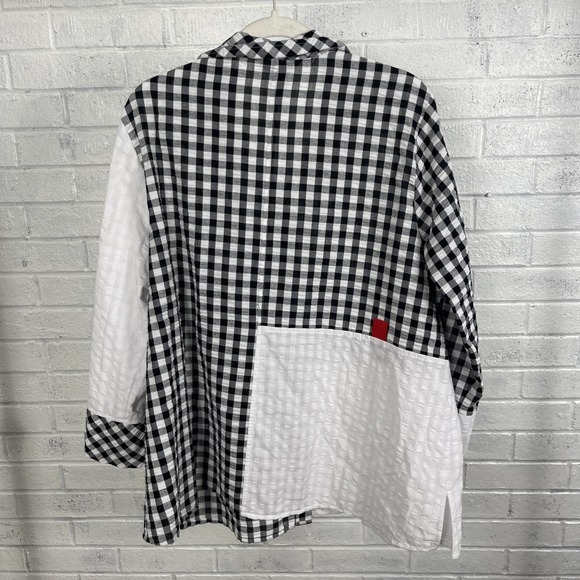 Ali Miles Mixed Print Gingham Seersucker Button Front Top Womens 1X Lagenlook - Picture 2 of 8